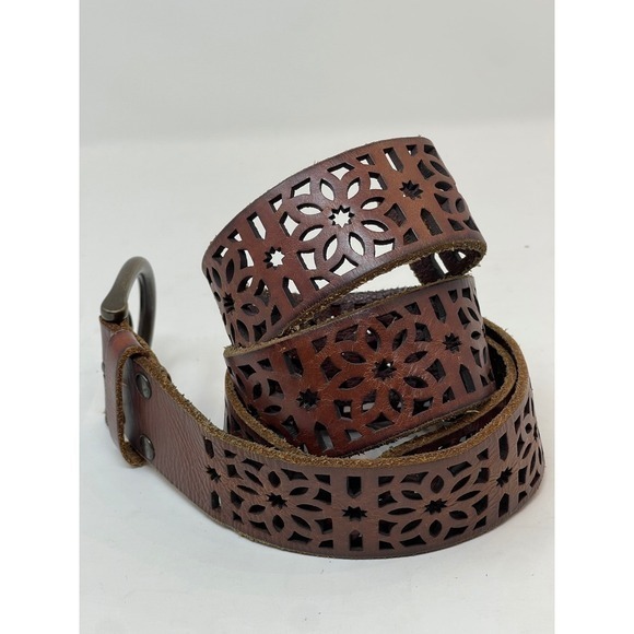 Lucky Brand Accessories - Lucky Brand Leather Belt Women's L Brown Laser Cut Floral Boho Wide